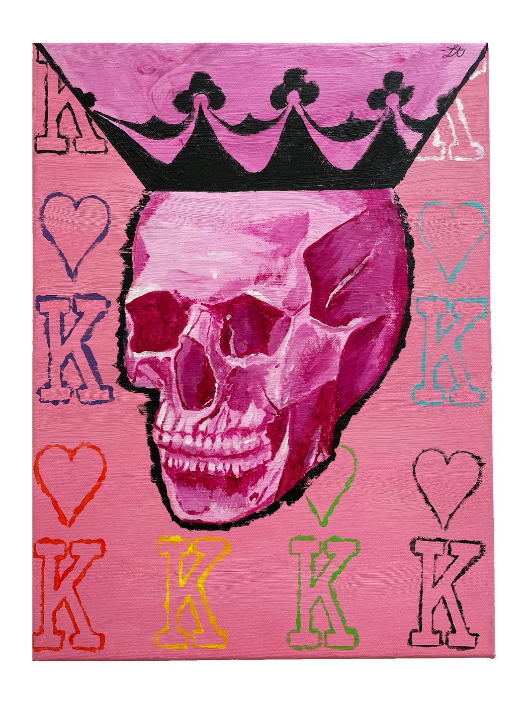 Crowned pink skull acrylic with playing-card K and heart motifs — original by Lior Arfi