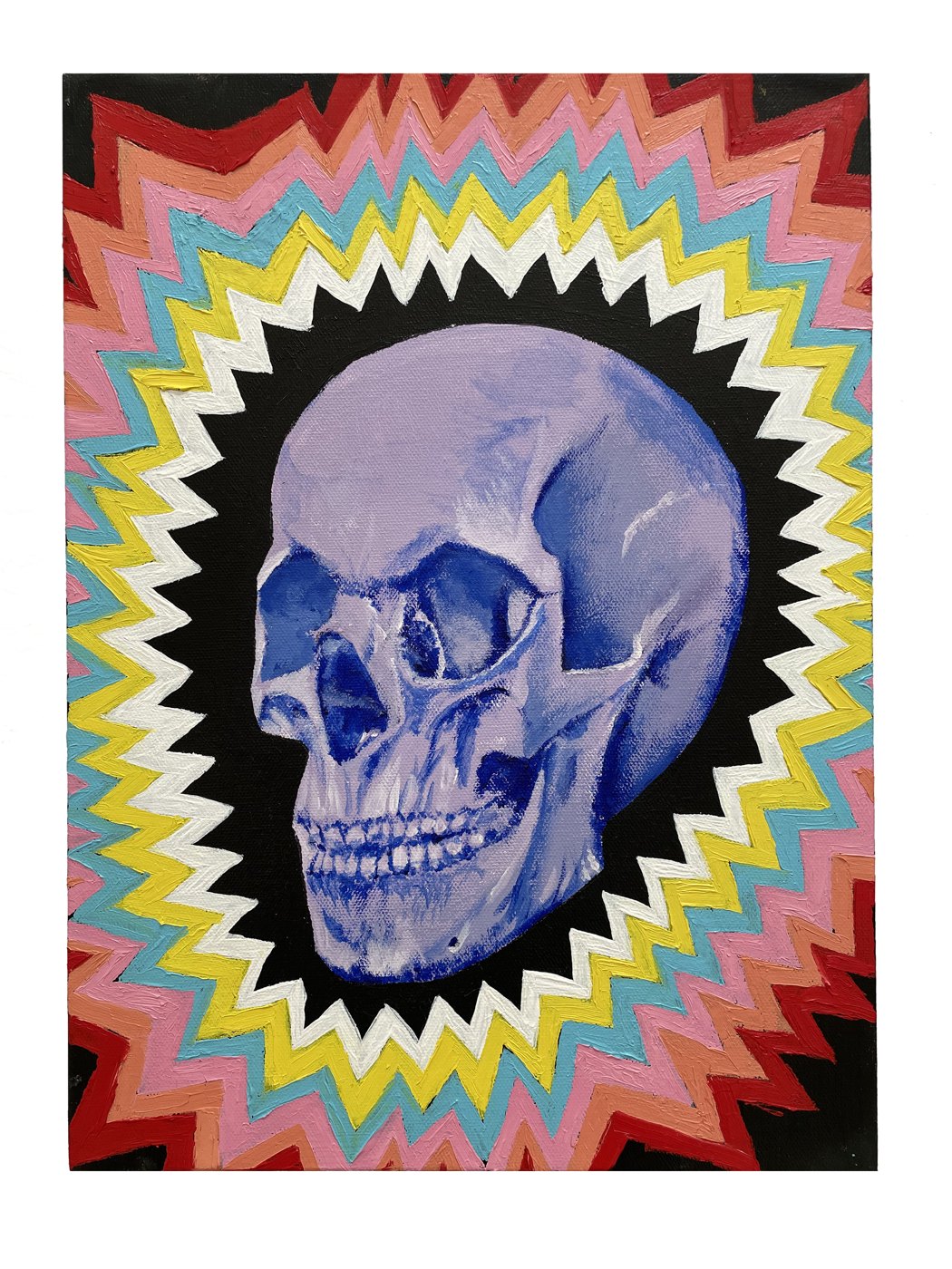 Skull acrylic with a rainbow zigzag halo on black — original by Lior Arfi