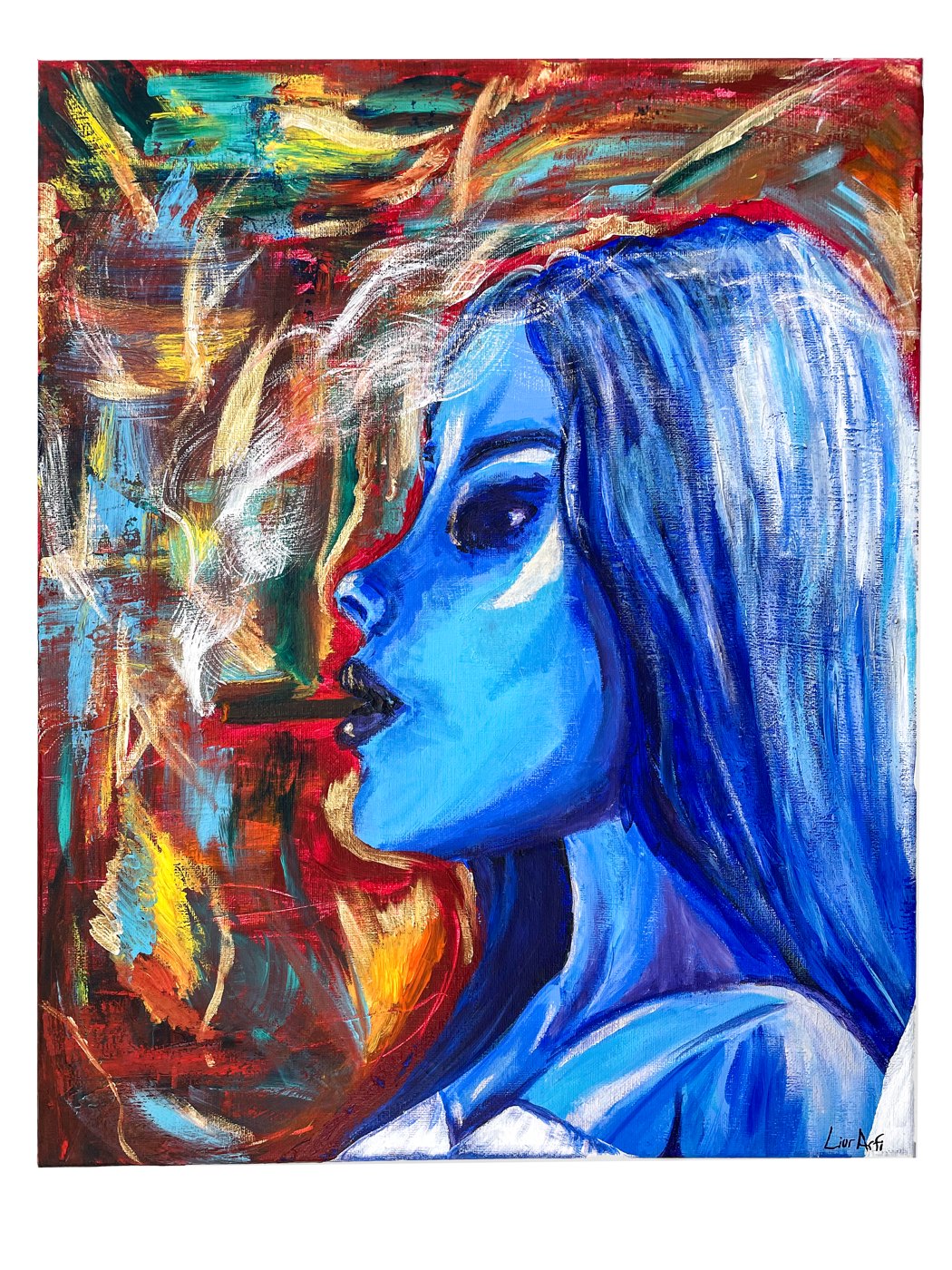 Blue woman smoking, acrylic on a fiery abstract ground — original by Lior Arfi